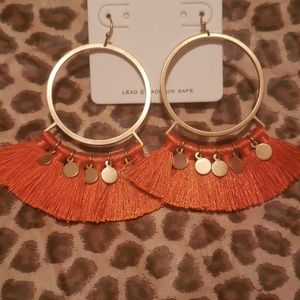 Orange and Gold Charm Tassel Circle Boho Earrings